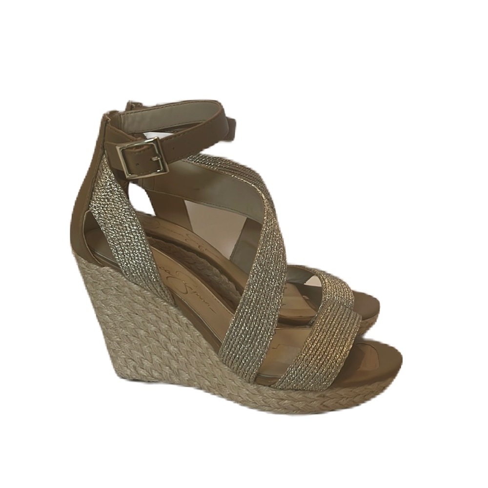 Jessica Simpson, Ankle Strap, Open Toe Wedges, Gold/Dirt Brown, 6-5M/37
